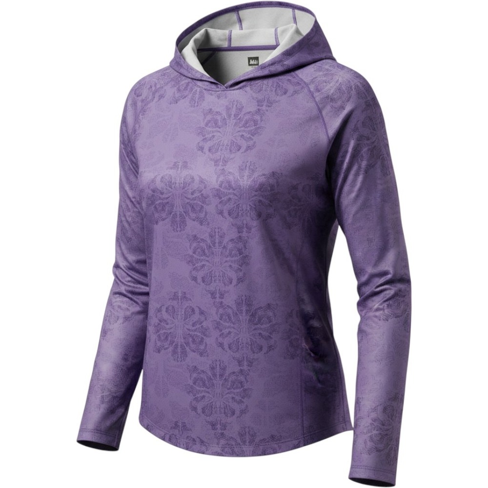 REI Sun Hoodie Sz XL Purple Damask Print Long Sleeve Thumbhole Hiking Top